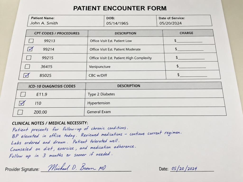Scanned patient encounter superbill with CPT and ICD-10 codes
